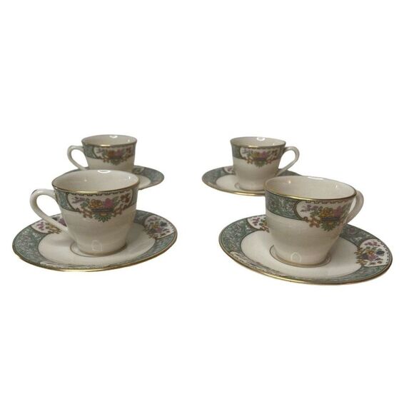 Lenox Peking DEMITASSE CUP & Saucers Set of 4 Bone China Green Floral Gold Trim - Picture 1 of 6